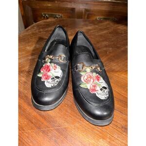 Hot Topic CottageCore Goth Rose & Skull Horse Bit Black Heeled Wednesday Loafers